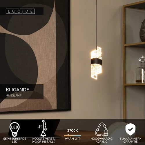 Lucide KLIGANDE - Hanglamp - Ø 13 cm - LED - 1x9W 2700K - Zwart - USP